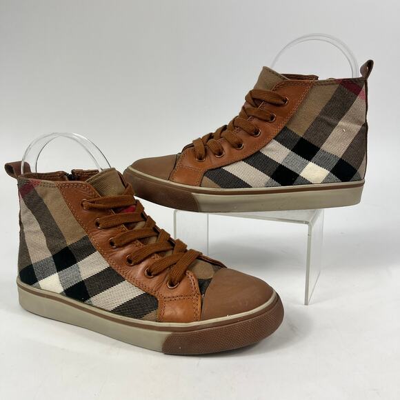 Burberry Other - Burberry Kids Sz 2 (33) Nova Check High Top Sneakers Brown Tan Canvas Leather